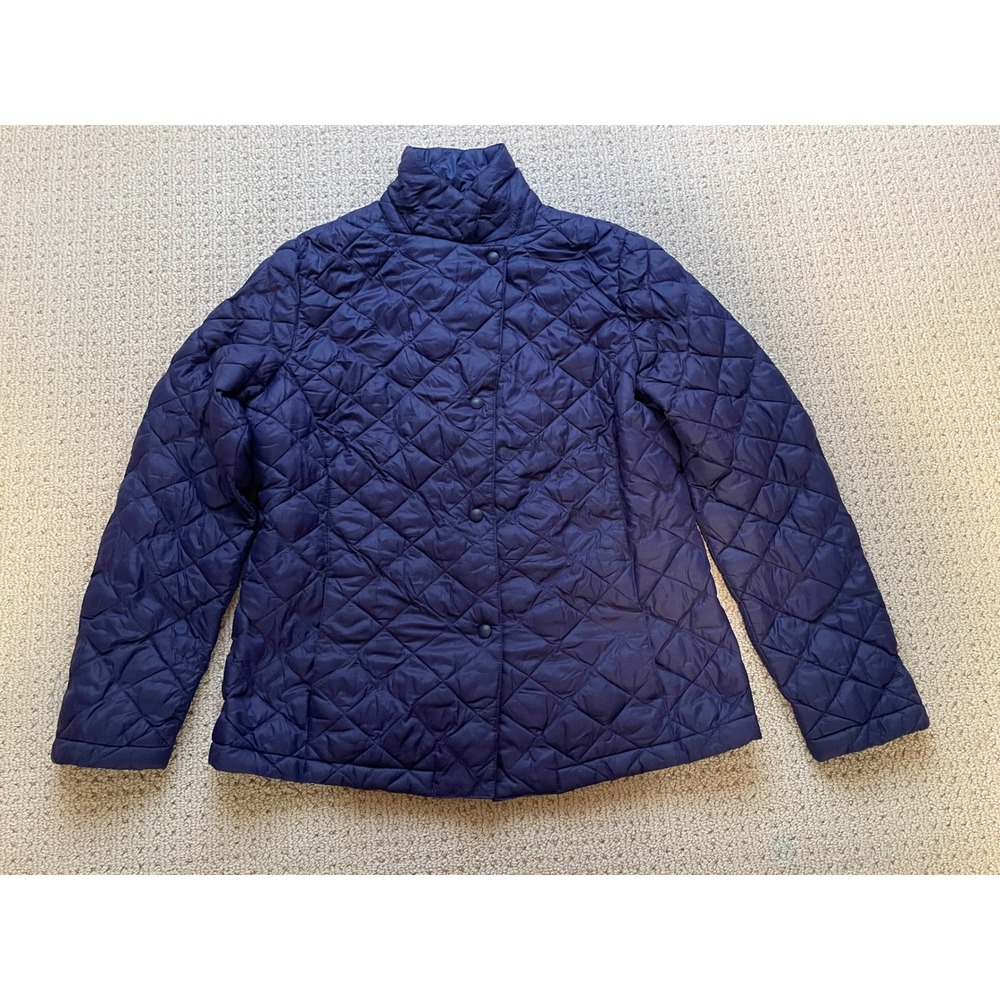 LL Bean Womens Quilted Puffer Jacket Blue Diamond Stitch Snap Front L 291772
